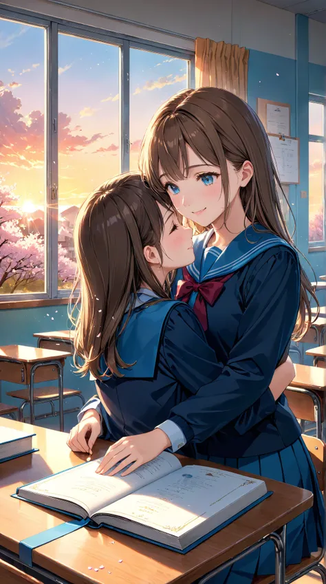 (masterpiece, best quality, ultra-detailed), anime-style illustration, warm sunset lighting, high school girl in a school uniform, sitting in a nostalgic classroom, looking slightly wistful but smiling gently, beautiful blue eyes, medium-length brown hair,...