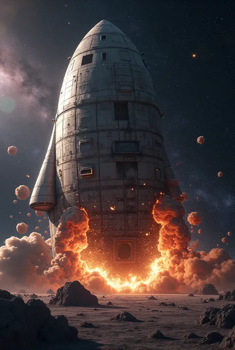 I want to make a 3D image using Adobe Photoshop of an exploding spaceship with an open door and a sky full of stars. 
