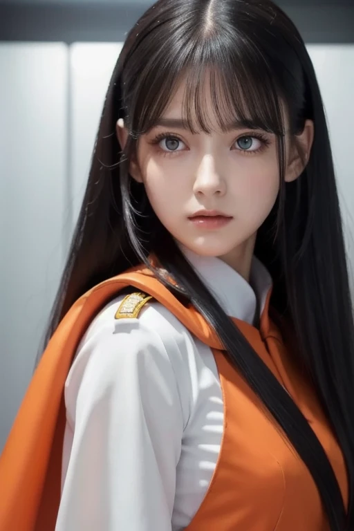 white **-****-*** girl with long black hair is wearing a military uniform, Orange Cape , Big hazel eyes, Science Fiction , Dark mood,