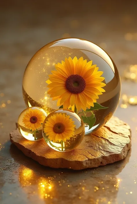 there is three glass balls with a flower inside of it, crystallic sunflowers, golden orbs, flowers inside of a marble, glass orbs, glass spheres, shades of gold display naturally, inside a marble, stone and glass and gold, lie on a golden stone, photoreali...