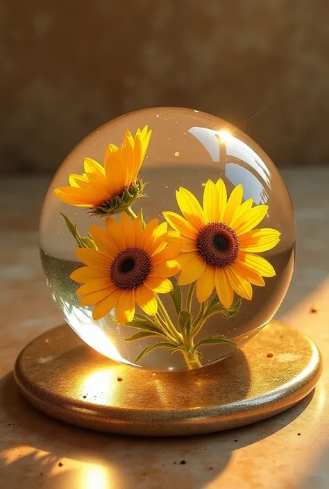 there is three glass balls with a flower inside of it, crystallic sunflowers, golden orbs, flowers inside of a marble, glass orbs, glass spheres, shades of gold display naturally, inside a marble, stone and glass and gold, lie on a golden stone, photoreali...