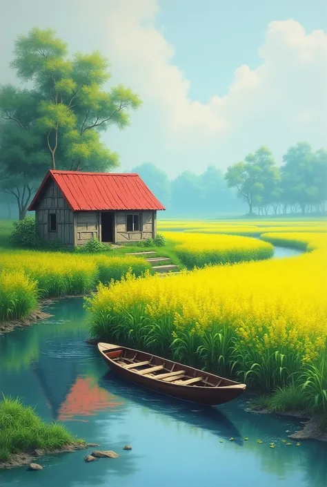 A peaceful Bangladeshi village landscape. A small wooden house with a red tin roof is nestled among lush green fields. Yellow mustard flowers bloom along the banks of a calm river, where a wooden boat rests on the water. In the background, distant trees an...