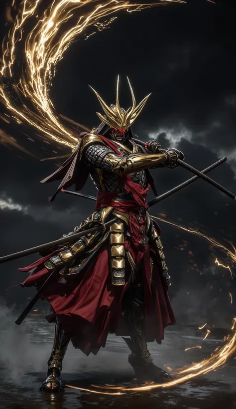  is cool　Sanada Yukimura、Ten word guns、Golden and Red Armor 、 Waving a Spear in Style 、 Mystery、 The Ground Is Wet、thunder and lightning、 high image quality、 Ghost of Tsushima 、