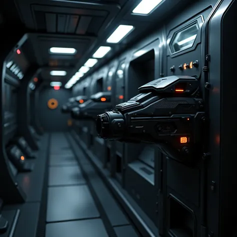 realistic 4k, black future high-tech rail guns hanging at the wall inside spaceships