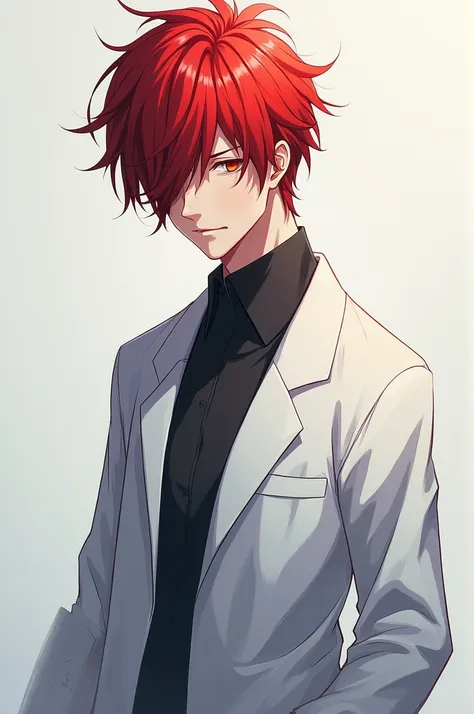 a red haired anime adult with red hair covering his left eye In a lab coat