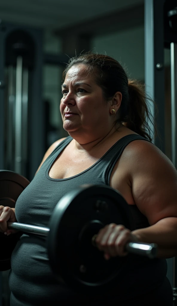 An image of an older woman, about 40 years old, tiredly pulling weights in the gym. This woman is overweight. The image is in a darker tone