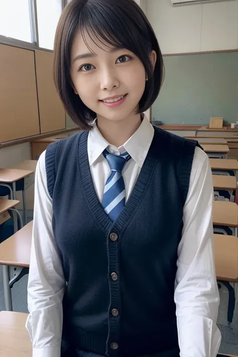  beautiful lighting arranged in an orderly manner,  one girl, solo, madder,  white shirt,  sweater vest,  black vest,  blue tie, (( anime style))、((2D))、smile、  Open Your Mouth 、 facing forward、 idol、School、classroom、Sit on a desk、Famous Model、Striking a c...