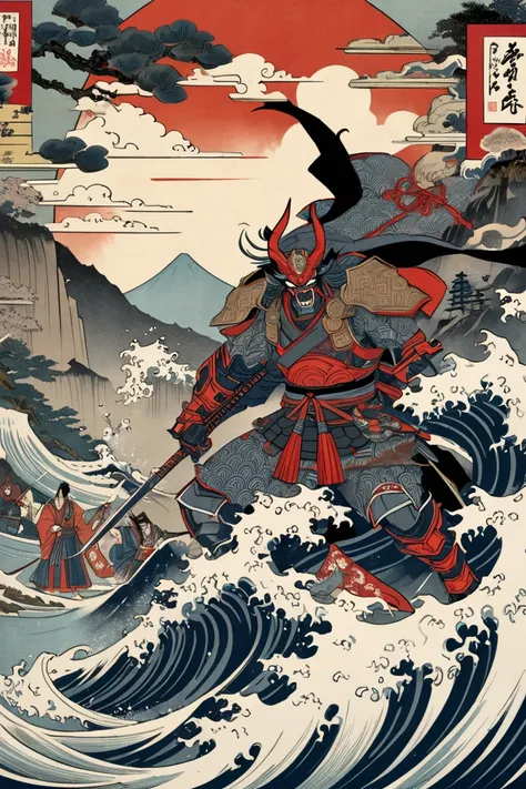 ukiyo-e,     Ultra High Resolution   ,    Beautiful Japanese Traditional Culture,    Demon in Armor、 Battle with Tengu 、Rugged Mountain、Furious Waterfall  、Hanafuda、   Geometric Model  、  demons are approaching、Fox、Yokai、Martial God、