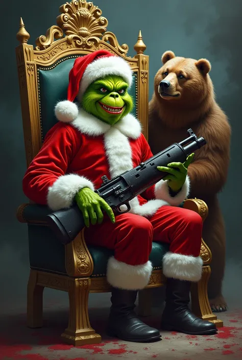 Generate an image of the Grinch dressed as Santa Claus and sitting on a throne with a brown bear holding a gun and the Grinch too 