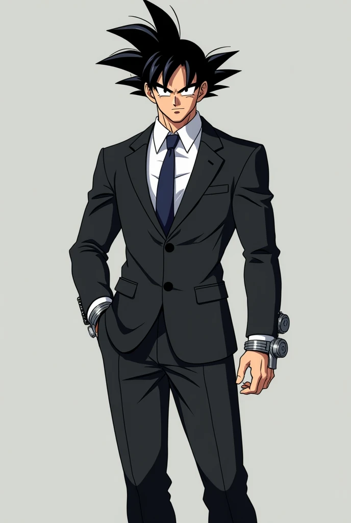 Goku with black hair with suit and pants black strap casual white dark blue shirt and tie handles on the wrists of the hands 