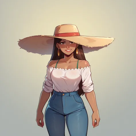  score _9,  score _8_arriba,  score _7_,Kenergi style ,, expressive, zPDXL2, kristine,  kristine Schaez,  off-the-shoulder shirt , pants,  sun hat ,  dark-skinned woman, brown hair,  long hair,, make-up ,