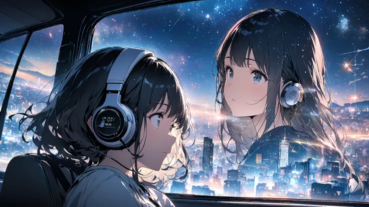 night、I sat in the back seat of the car、美しく繊細な女性の double exposure(The face is clear and perfect) images，I'm listening intently to music 、headphone、 black hair、The background is super detailed and bright in the city of Tokyo、Starry Sky 、Beautiful sky, Beaut...