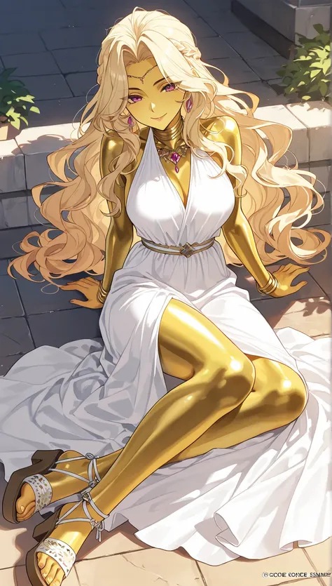 ntr,  masterpiece, ,  score _9,  score _8_arriba,  score _7_arriba,  score _6_ sarribaerior ,   source  _animated,  rating :General. Boho-chic girl
Aspect:  Long wavy hair in a honey shade ,  golden skin,  radiant smile.
Clothing:  Long dress with transpar...