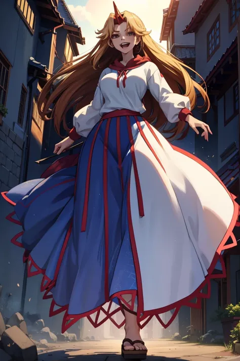 hoshiguma yuugi, european medieval cloths, crazy smile, medium breast, large skirt, long skirt, flipflops, full body, standing, medieval clothing,long skirt,(best quality,4k,8k,highres,masterpiece:1.2),ultra-detailed,(,1.37),portraits,vivid colors,warm ton...