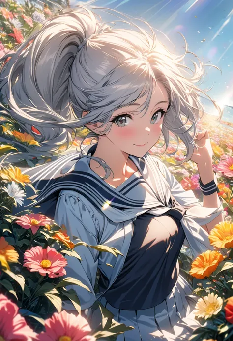 best quality, Super Fine, 16K, Ridiculous, Extremely detailed, Beautiful girl buried in Massive variety of flowers, Happy look, shining silver hair waving in the wind, wind-effect, sunlight shining through,  Mixed Art, Design Art, Single ponytail, Sailor u...