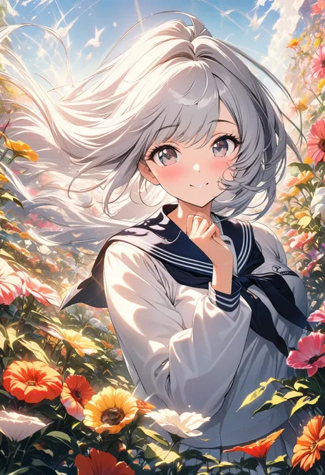 best quality, Super Fine, 16K, Ridiculous, Extremely detailed, Beautiful girl buried in Massive variety of flowers, Happy look, shining silver hair waving in the wind, wind-effect, sunlight shining through,  Mixed Art, Design Art, Single ponytail, Sailor u...