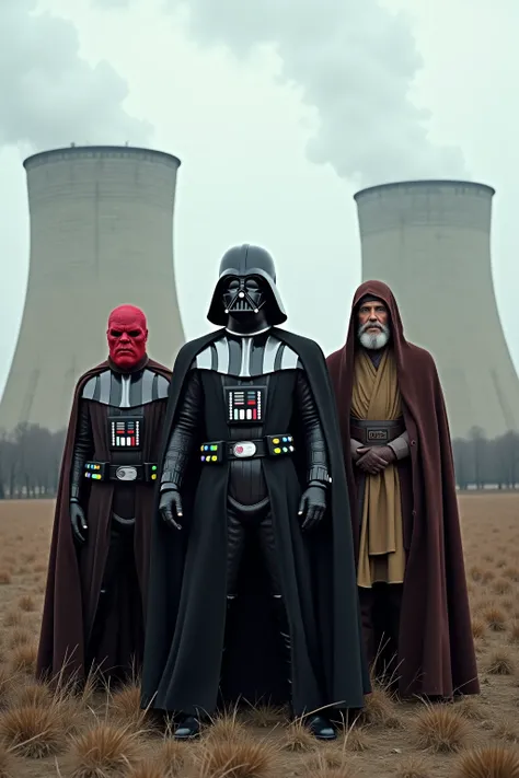 Darth Vader, Darth Moll (with a red face ) and Obi Wan Kenobi from Star Wars stand at full height in front of the cooling towers of a nuclear power plant. Darth Vader слева, Obie Van Kenobi on the right, Anakin Skayoker in the middle. Darth Vader и Оби Ван...