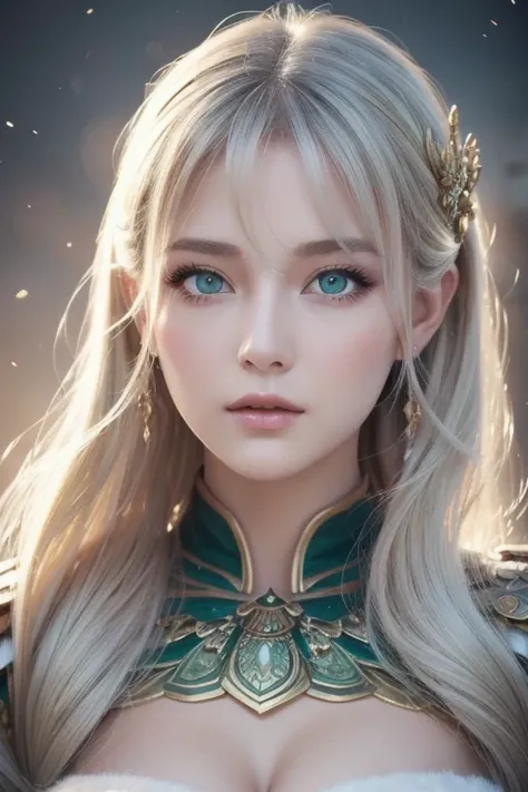  vintage fantasy , Masterpiece, Magnificent art,  top quality,  One Girl ,   close-up girl Nordic princess , Scandinavian Mountains々, Winter Weather, Symmetrical and ultra-detailed face , Peach Silky Smooth Skin , Bright and aggressive green eyes,  White D...