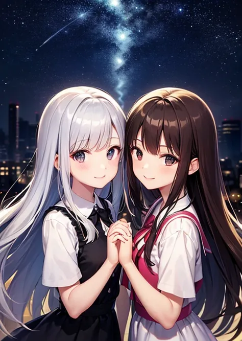  high res、 top quality、 masterpiece、 An expressionless girl with gray hair dango hair personifying AI with thin black eyes、Brown Haired and Smiling High School Girl 、 Two Girls Holding Hands While Smiling 、 near future city、rough town 、night、 beautiful sta...