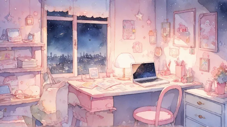  top quality,  cozy atmosphere , Starry sky and night view of the city outside the window,  girly furniture, Desk and laptop , watercolor illustration 