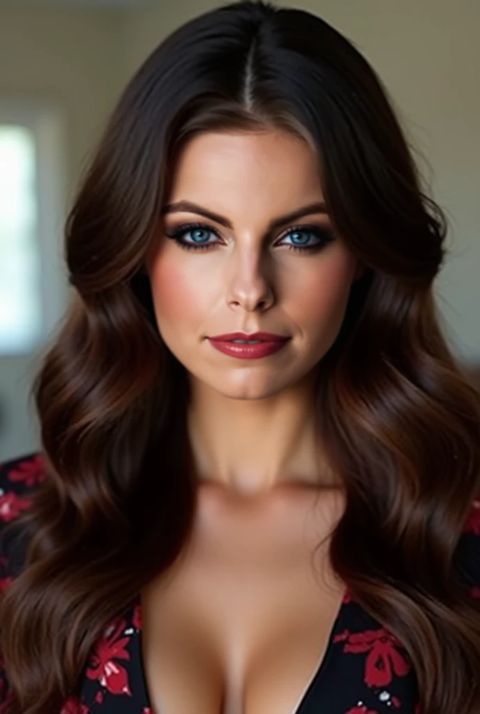  Front face of a woman.  Britney Amber 32 years old ,  dark brown hair , very white skin, Perfect curvy body (Measures 36D-24-34),  Very Big Breasts.  Realistic. Wear a black fabric blouse with a red floral print (Strapless blouse without neckline). It sho...