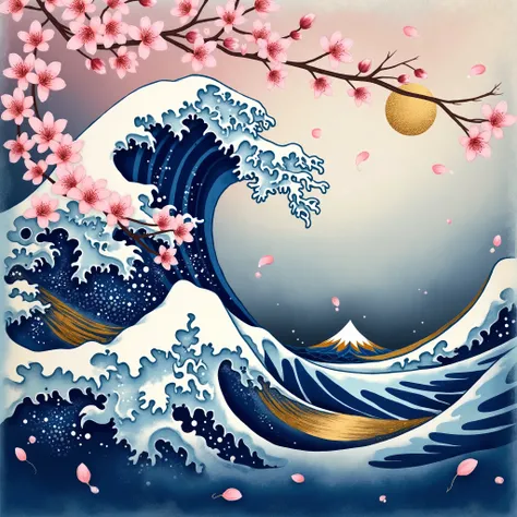 A mesmerizing modern Japanese art piece combining the traditional Seigaiha (blue ocean wave) pattern with delicate cherry blossoms in full bloom. Soft pink petals gently overlay an elegant wave-like background, creating a harmonious blend of tradition and ...