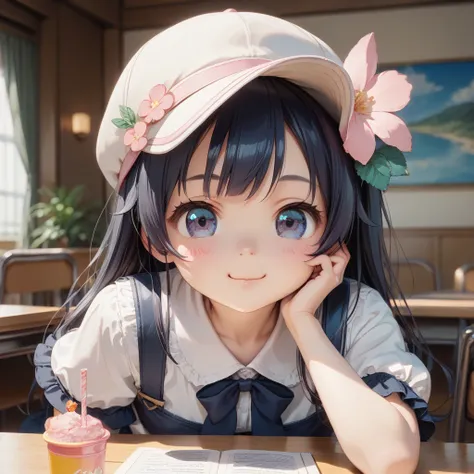 Anime girl sitting at table drinking with hat on, Cute anime girl, cute kawaii girls, Cute anime, cute anime face, adorable digital art, Cute anime girl portrait, portrait of cute anime girl, render of a cute 3d anime girl, Kawaii realistic portrait, extre...