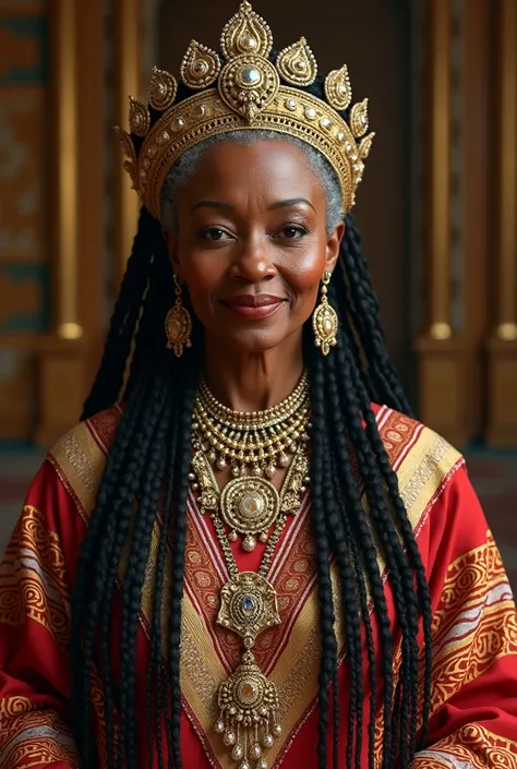  An old black woman with long African braids hair, wearing African-like royal clothing , with jewels.