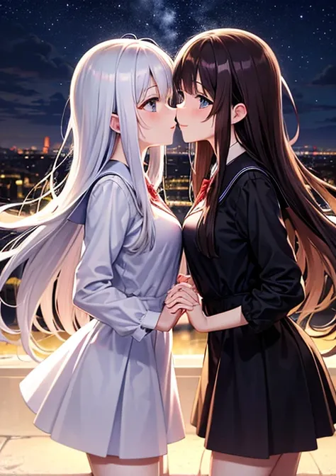  high res、 top quality、 masterpiece、 An expressionless girl with white hair dango hair personifying AI with thin black eyes、Brown Haired and Smiling High School Girl 、Two girls smile and hold hands and kiss deeply、 near future city、rough town 、night、 beaut...