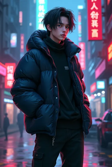 A 17 old boy with a puffy jacket and black slick pants with slick black hair and the background a cyberpunk theme like the anime edgerunners