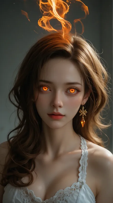   The powerful female image in the breathtaking surreal fantasy style ， fire elegantly flows over her body 。 Her two-eyed sharp 、 Glowing eyes radiated with intense light ， x} Her long curly hair flickered like flames ，In deep red 、 orange and gold 。 like ...