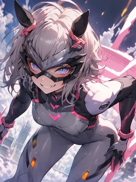 (( top quality)), (( Masterpiece)), (  Details: 1.4), ( absurd),masked_sankanba( umamusume),Female fighter pilot ready for battle , Walk forward,   features a muscular sculptural body ,  closed my mouth,   muscular body covered in high-tech clothing, Cyber...