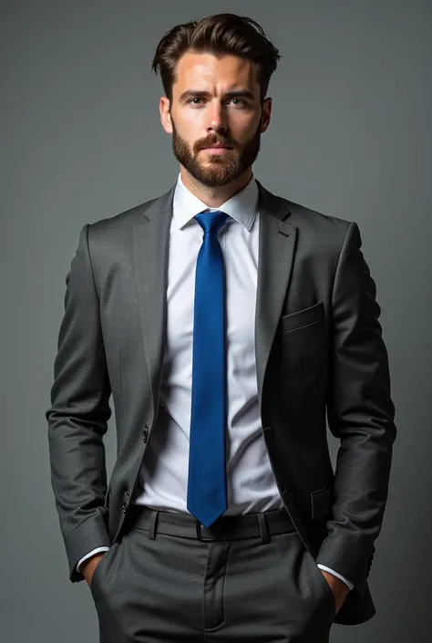 Could you show me a very realistic photo of what a man wearing a slim gray suit with a slim Royal blue tie would look like?