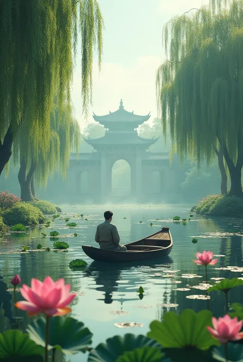 Lotus Pond，Small boat，Small boat， lakeside，lotus，river，Ancient Architecture，willow， high quality photo ，Shallow depth of field，Vignette，Very detailed，epic，gorgeous