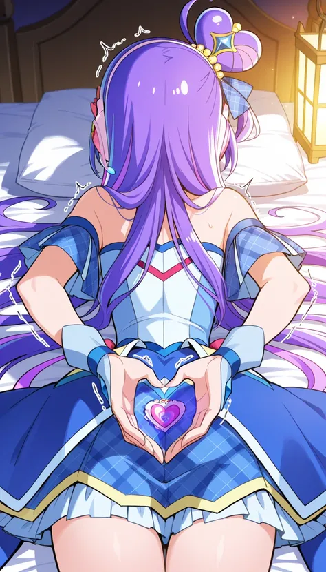 cure winks  , kimi to  idol precure,  Lantern,  Magic Girl,  mini crowns,  purple eyes,   blue dress ,  slanted head decoration,   very long hair, blunt bangs,  shoulder out,  hair band,  two tone hair,  purple hair,   jewelry,  idol clothes,  idol,  maste...