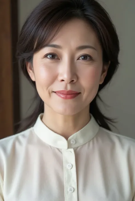 mature woman、 Japanese、48 years old (Mature Beauty: 1.5)、 kind, Enchanting Smiles 、( nasolabial fold :1.4)、 Natural Aging 、Warm Eyes 、( upper body close-up :1.3)、 Soft , Natural wrinkles 、 beautiful skin with glasses (1.4)、 very well de...