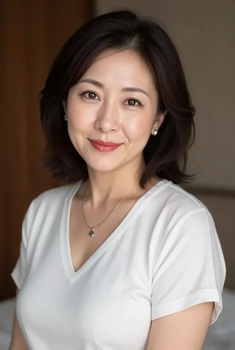 mature woman、 Japanese、48 years old (Mature Beauty: 1.5)、 kind, Enchanting Smiles 、( nasolabial fold :1.4)、 Natural Aging 、Warm Eyes 、( upper body close-up :1.3)、 Soft , Natural wrinkles 、 beautiful skin with glasses (1.4)、 very well de...