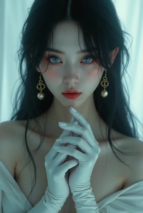  women with black long hair, light blue eyes, wears a dress, red eye bags, gold earrings, white gloves