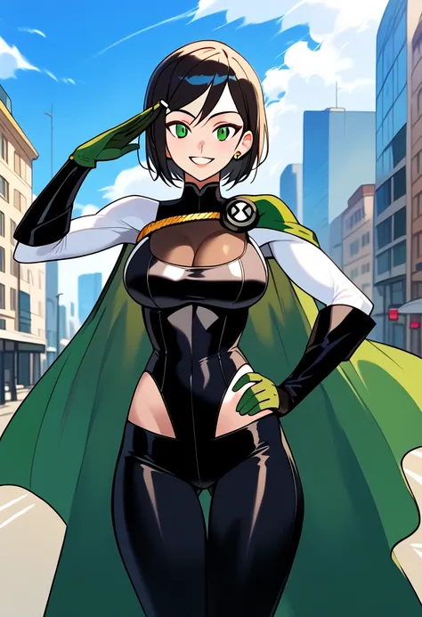 score_9, score_8_up, score_7_up, score_6_up, score_5_up, score_4_up, masterpiece, best quality, BREAK, 
1girl, solo, outdoor, city powergirl, large breasts, short hair, black hair, greens eyes, leotard, black leotard, green gloves, green cape, smile, hand ...