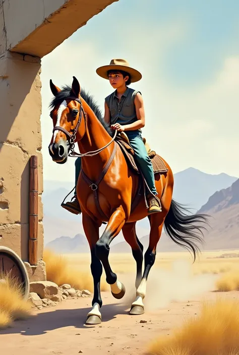 Painting the boy riding a horse with a desert one 