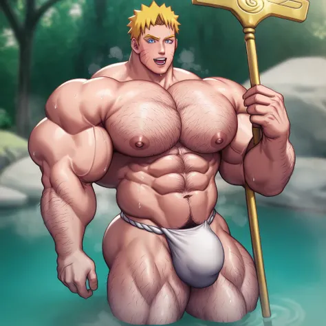 2 men, Two men stand side by side with slumped shoulders and blank gaze staring at the viewer, Naruto Uzumaki from Naruto, Sasuke Uchiha from Naruto, hairy Muscular Naruto and Sasuke growing into big mindless muscular hairy brutes, Naruto has blonde hair, ...