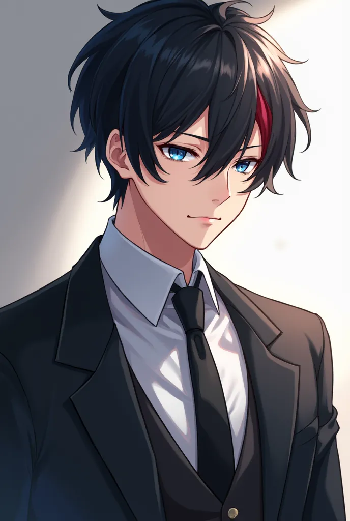 adult anime man with black hair and red reflections and in a waiter's suit and with blue eyes 