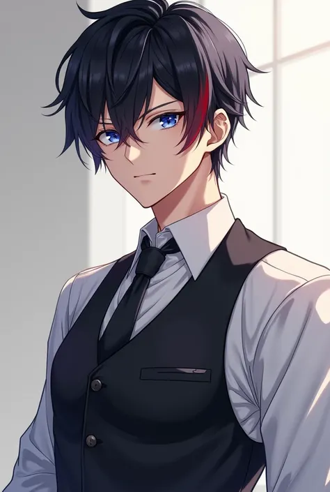 adult anime man with black hair and red reflections and in a waiter's suit and with blue eyes 