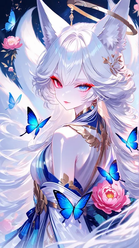  ((  top quality)), (( masterpiece)), (  Details),giant white fox tail, red eyeliner,big eyes,  heterochromia, pink peony、 metallic blue butterfly, Heavenly Maiden Clothes,glamorous, looking at viewer, foxy face, platinum body hair, A halo on the back,plat...