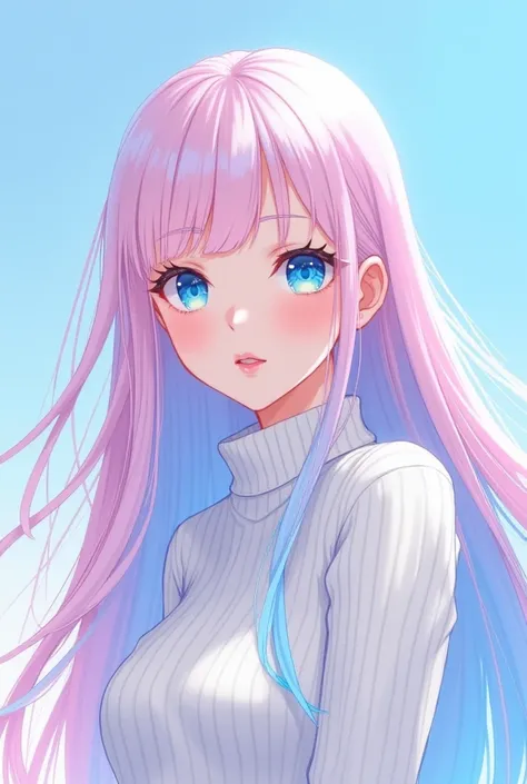 A stunning anime-style portrait of a young woman with flowing neon hair, transitioning between soft pink, icy blue, and white. She has a serene expression with piercing blue eyes and delicate, glossy lips. Her skin appears luminous with a gentle blush. She...