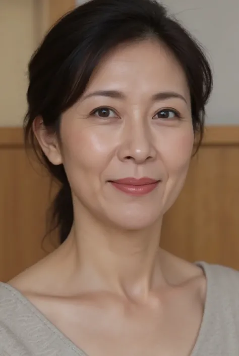 mature woman、 Japanese、48 years old (Mature Beauty: 1.5)、 kind, Enchanting Smiles 、( nasolabial fold :1.4)、 Natural Aging 、Warm Eyes 、( upper body close-up :1.3)、 Soft , Natural wrinkles 、 beautiful skin with glasses (1.4)、 very well de...