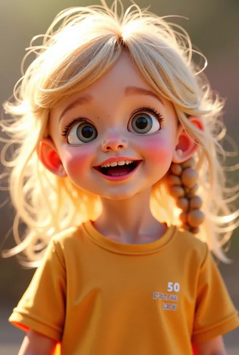 throw.  A 5-year old ,  is looking forward , She is blonde and fair-skinned, She's a  and she's looking at me, It weighs 30 kg, She is very expressive she has a cute smile, She's human and beautiful