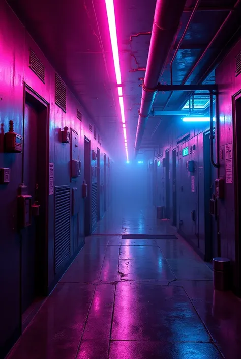 A dark cyberpunk environment ,  with a futuristic and industrial tone .

 Vibrant neon lights in shades of pink , purple and blue,  softly illuminating the room .

 A metallic and technological space ,  possibly a corridor or industrial room.

 A mysteriou...