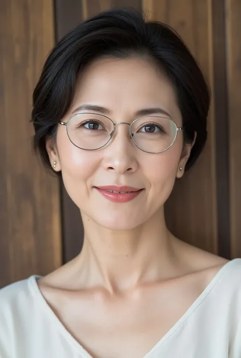 mature woman、 Japanese、48 years old (Mature Beauty: 1.5)、 kind, Enchanting Smiles 、( nasolabial fold :1.4)、 Natural Aging 、Warm Eyes 、( upper body close-up :1.3)、 Soft , Natural wrinkles 、 beautiful skin with glasses (1.4)、 very well de...