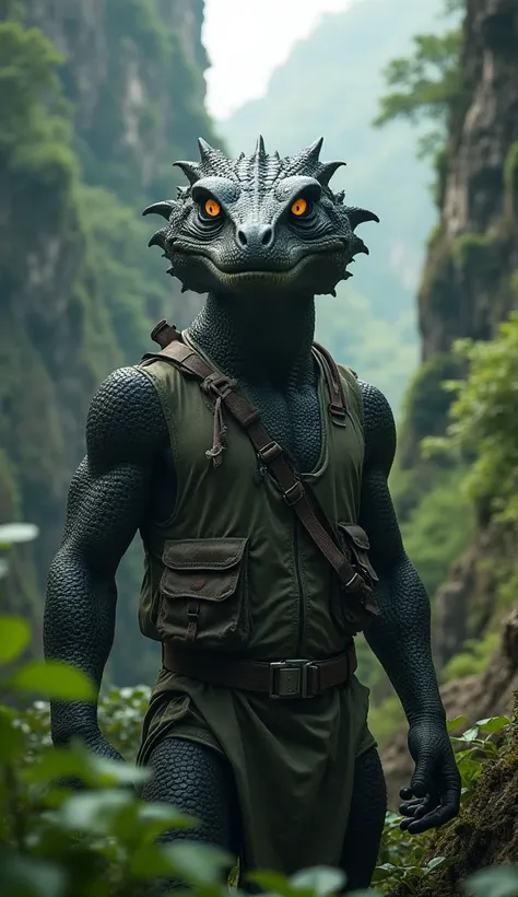 A humanoid Komodo dragon with dark, scaly skin, glowing yellow eyes, and a powerful, muscular frame stands in the same rocky jungle. He is wearing a sleeveless jungle vest. He stands in a remote, rocky island surrounded by thick jungle and jagged cliffs, h...